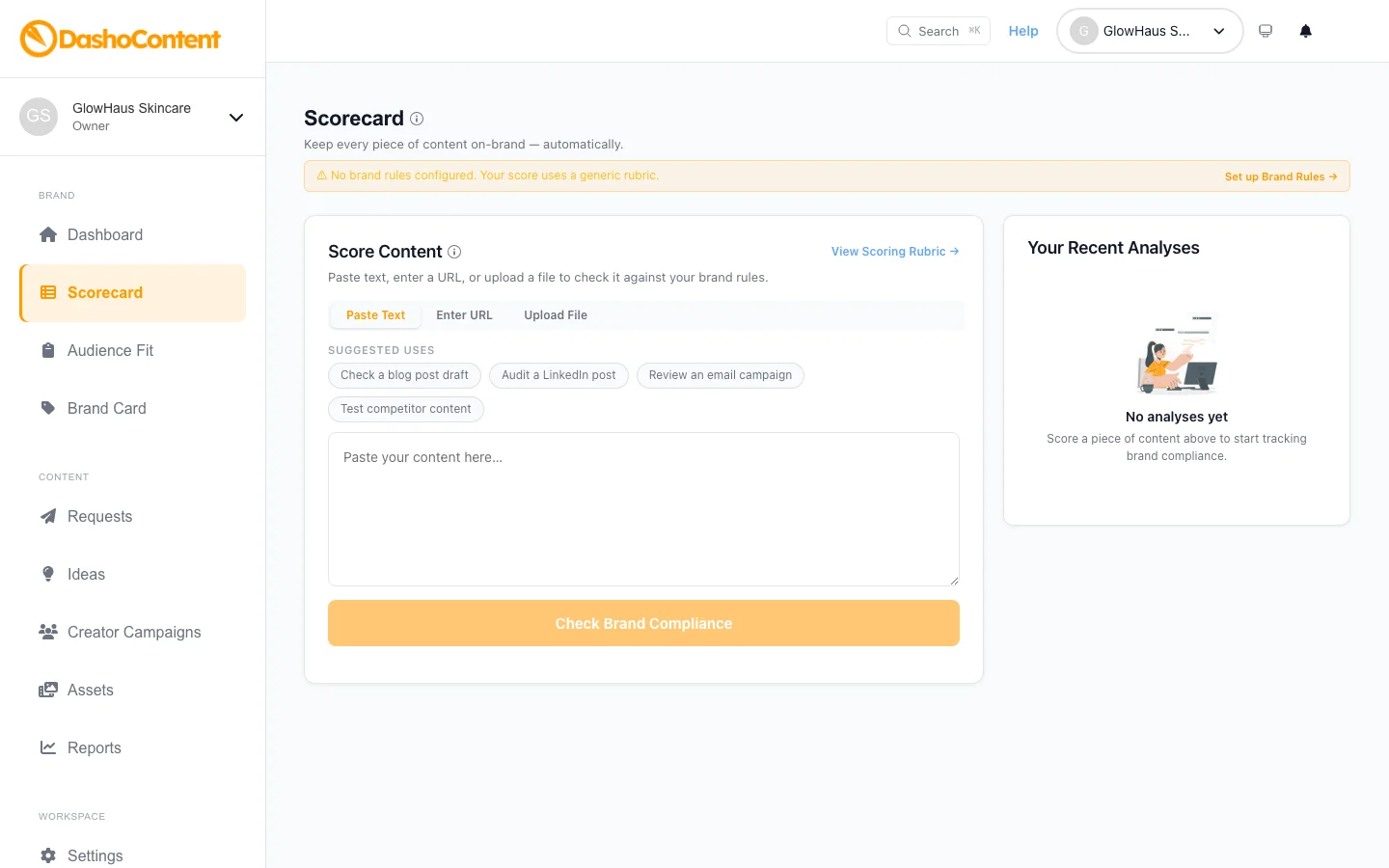 The DashoContent Content Scorecard checking a draft against brand rules